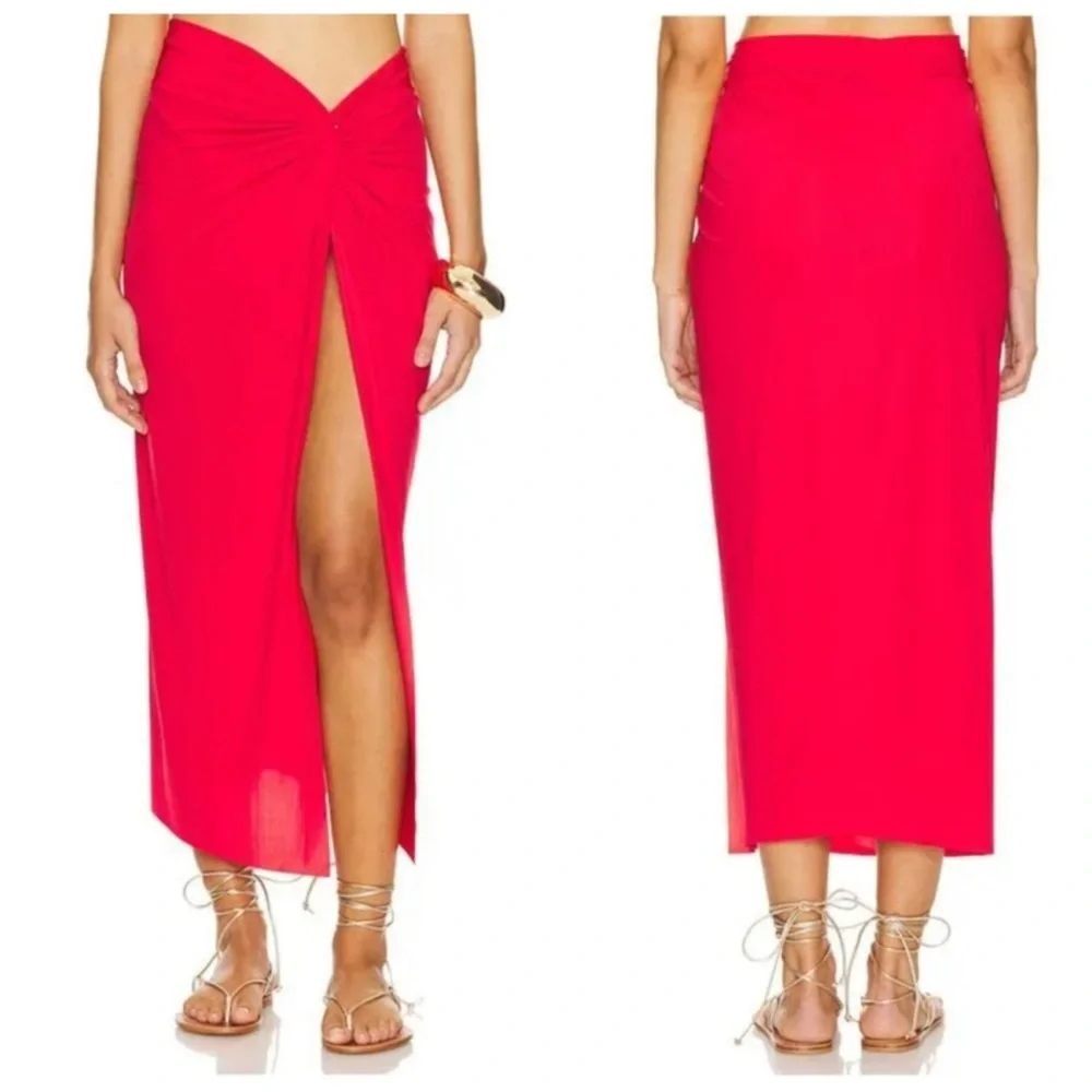 New ViX Karen Twist Pull-On Solid Red Midi Swim Beach Pareo Cover-Up Skirt Med